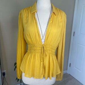 Bright Yellow Long Sleeve Collared Blouse with Tie and Button Waist Size L